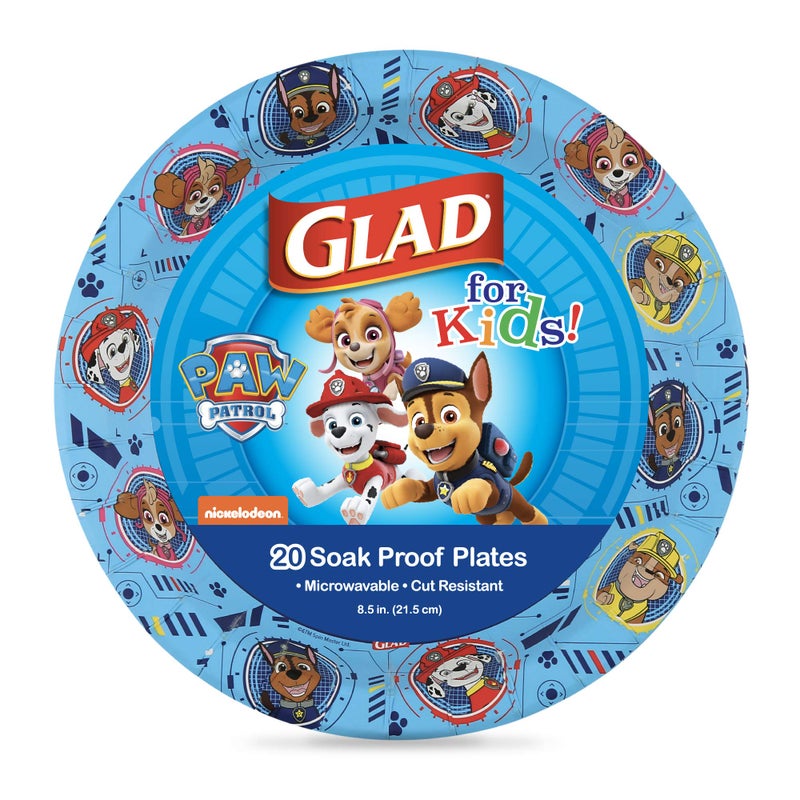 Glad for Kids Paw Patrol Round Disposable Paper Plates, Core Pups Blue - Heavy Duty, Soak Proof, Microwavable Plates for Everyday Use, 8.5 Inch, 20 Count - Image 1